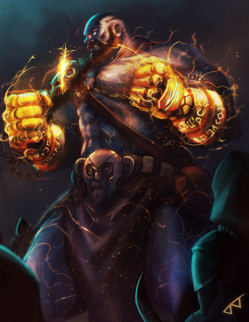 1boy abs absurdres artist_request bald bare_pectorals beard blue_skin brass_knuckles chest_belt colored_skin critical_role electricity facial_hair feet_out_of_frame fighting_stance gauntlets glowing glowing_eyes grog_strongjaw head_tattoo highres large_pectorals male_focus mature_male muscular muscular_male mustache navel pectorals pelvic_curtain solo standing stomach the_legend_of_vox_machina thick_eyebrows weapon