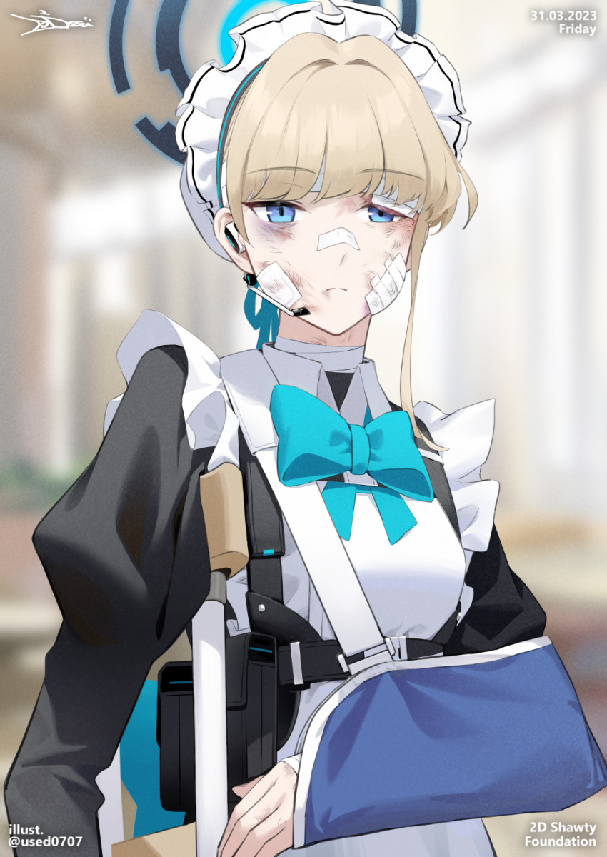 1girl apron aqua_bow aqua_bowtie arm_sling bandaged_neck bandages bandaid bandaid_on_face black_dress blonde_hair blue_archive blurry blurry_background bow bowtie bun_cover cast chest_harness crutch dated dress halo harness headset highres injury juliet_sleeves long_sleeves looking_at_viewer maid maid_headdress pinafore_dress puffy_sleeves rshow signature solo toki_(blue_archive) upper_body white_apron