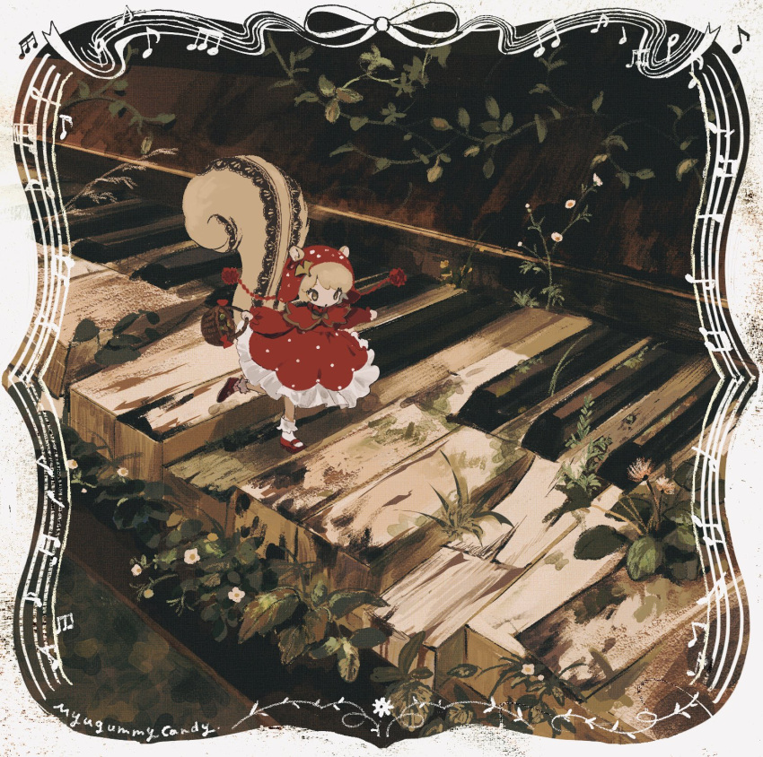 1girl animal_ears basket capelet commentary_request daisy dress flower frilled_dress frills hat highres holding holding_basket instrument light_brown_hair little_red_riding_hood little_red_riding_hood_(grimm) looking_down mary_janes minigirl musical_note myu_(3u_gumi) on_piano original outstretched_arms piano plant polka_dot polka_dot_dress red_dress red_footwear shoes socks solo squirrel_ears squirrel_girl squirrel_tail tail