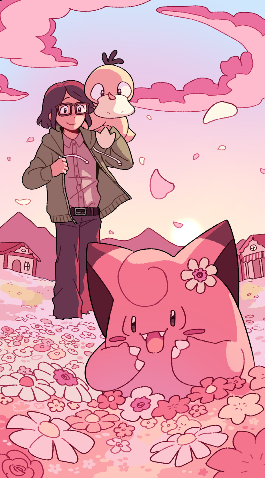 1boy absurdres belt blush brown-framed_eyewear brown_hair building clefairy closed_mouth clouds collared_shirt commentary commission english_commentary field flower flower_field full_body glasses green_jacket highres jacket long_sleeves magicact on_shoulder open_clothes open_jacket open_mouth original outdoors pants petals pink_clouds pink_flower pokemon pokemon_(creature) pokemon_on_shoulder psyduck shirt short_hair smile standing sun sunset