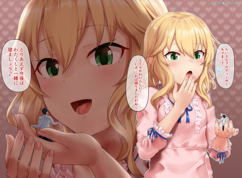 1boy 1girl :d :o artist_name blonde_hair blue_ribbon commentary_request covering_mouth dress flying_sweatdrops frilled_sleeves frills green_eyes hand_over_own_mouth heart heart_background highres idolmaster idolmaster_cinderella_girls in_palm long_sleeves looking_at_another miniboy multiple_views open_mouth pink_dress producer_(idolmaster) rakia_(ds00309) ribbon sakurai_momoka size_difference smile sweatdrop tongue translation_request twitter_username upper_body