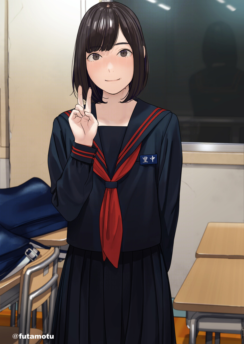 1girl absurdres artist_name bag black_sailor_collar black_serafuku black_shirt black_skirt blue_bag brown_eyes brown_hair classroom closed_mouth desk futamotu highres indoors looking_at_viewer name_tag neckerchief original pleated_skirt red_neckerchief reflection sailor_collar satonaka_megumi_(futamotu) school_bag school_uniform serafuku shirt short_hair skirt smile solo v window