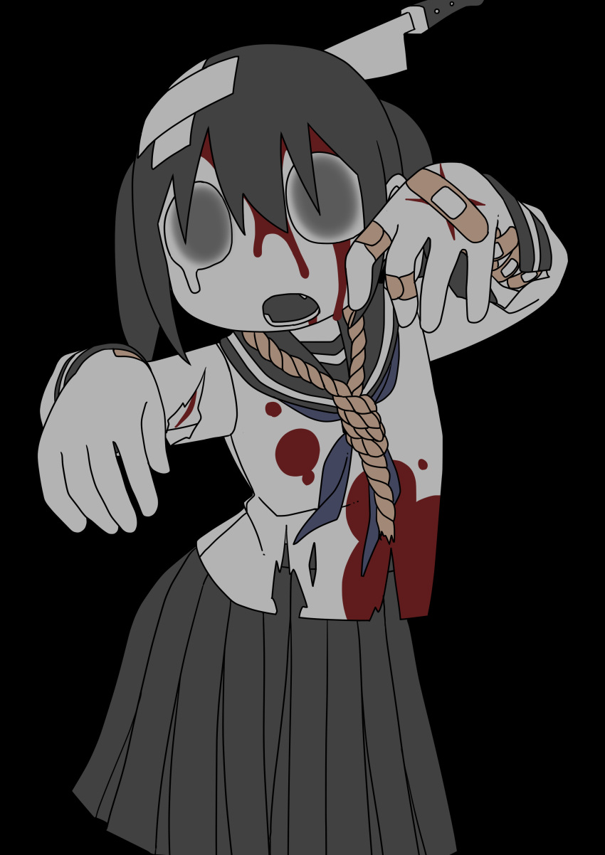 1girl absurdres bandaid bandaid_on_arm bandaid_on_hand bandaid_on_head black_background black_hair blood blood_on_clothes blue_sailor_collar blurry_eyes commentary cowboy_shot crossed_bandaids explosion_psycho haguruma_hasami hands_up highres knife_in_head limited_palette noose object_through_head original outstretched_arms pleated_skirt rope_around_neck sailor_collar school_uniform scratches serafuku shirt short_hair simple_background skirt solo tearing_up too_many_bandaids torn_clothes torn_shirt twintails zombie zombie_pose