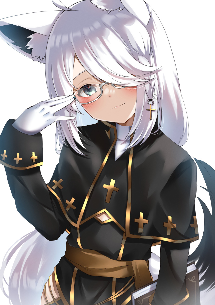 1girl absurdres adjusting_eyewear ahoge animal_ear_fluff animal_ears blush braid commentary_request cross cross_hair_ornament cross_necklace fox_ears fox_girl fox_tail glasses gloves green_eyes hair_between_eyes hair_ornament hair_over_one_eye highres hololive jewelry long_hair looking_at_viewer necklace nyuyosuke_o_shigoto_boshuuchu priest shirakami_fubuki sidelocks simple_background single_braid smile solo swept_bangs tail virtual_youtuber white_background white_gloves white_hair