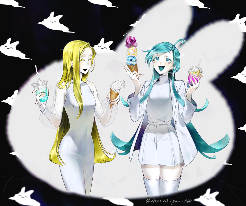 2others :d ^_^ ahoge alternate_costume alternate_hair_length alternate_hairstyle aqua_eyes aqua_hair aqua_tongue bare_shoulders blazer blonde_hair boots breasts buttons closed_eyes clouds colored_eyelashes colored_tongue covered_navel crystal_hair dress food gem highres houseki_no_kuni ice_cream jacket lapis_lazuli_(houseki_no_kuni) long_hair long_jacket long_sleeves looking_up momokichi_(akamakigami000) multiple_others navel open_clothes open_jacket open_mouth other_focus pale_skin parted_bangs puffy_long_sleeves puffy_sleeves rabbit see-through see-through_sleeves shirt_tucked_in shorts sleeve_cuffs sleeveless sleeveless_dress smile swept_bangs thigh_boots turtleneck very_long_hair white_dress white_jacket white_shorts yellow_diamond_(houseki_no_kuni) zettai_ryouiki