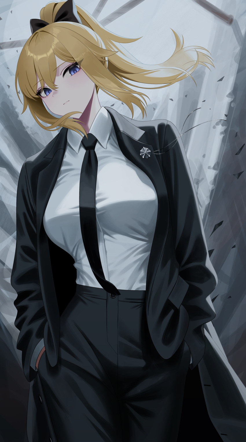 1girl absurdres alternate_costume black_bow black_coat black_necktie black_pants black_suit blonde_hair blue_eyes bow closed_mouth coat collared_shirt commentary_request commission cowboy_shot english_commentary expressionless formal genshin_impact hands_in_pockets highres jean_(genshin_impact) leavv long_hair long_sleeves looking_at_viewer mixed-language_commentary necktie open_clothes open_coat pants pixiv_commission ponytail shirt solo suit white_shirt