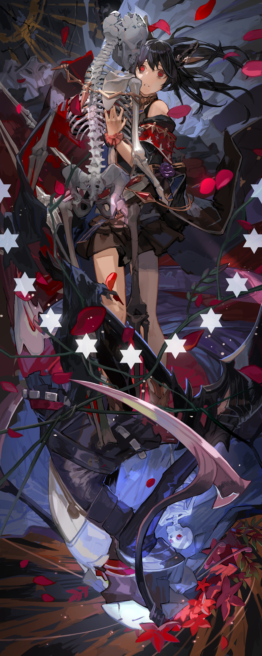 2girls absurdres animal_ears ascot bare_shoulders black_cloak black_hair black_robe brown_ascot cloak death_(granblue_fantasy) ear_piercing erune falling_petals flower granblue_fantasy hair_between_eyes highres long_hair multiple_girls nier_(granblue_fantasy) petals piercing purple_flower purple_rose red_eyes red_flower robe rose scrunchie skeleton star_(symbol) toujou_bun wrist_cuffs wrist_scrunchie