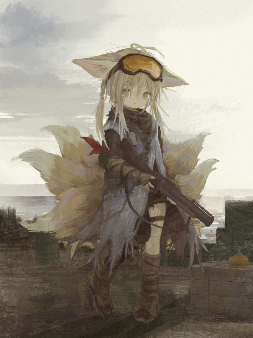 1girl absurdres animal_ears arknights arm_belt arm_ribbon asymmetrical_pants black_scarf black_shirt blonde_hair boots brown_footwear brown_gloves closed_mouth coat commentary crate day ears_down extra_tails fingerless_gloves fox_ears fox_tail full_body gloves goggles goggles_on_head green_eyes grenade_launcher gun highres holding holding_gun holding_weapon kitsune layered_sleeves long_sleeves looking_at_viewer mani_tamlyn messy_hair no_pupils official_alternate_costume outdoors overcast portable_stove red_ribbon ribbon scarf shirt short_over_long_sleeves short_sleeves solo standing suzuran_(arknights) suzuran_(lostlands_flowering)_(arknights) tail thigh_strap torn_clothes torn_coat weapon white_coat