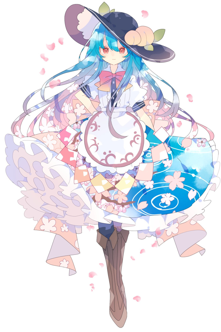 1girl black_headwear blue_hair blue_skirt boots brown_footwear buttons center_frills cherry_blossoms closed_mouth floral_print food frilled_skirt frills fruit fruit_hat_ornament full_body hair_between_eyes hat hat_ornament highres hinanawi_tenshi knee_boots light_smile long_hair looking_at_viewer nikorashi-ka peach_hat_ornament petals puffy_short_sleeves puffy_sleeves red_eyes shirt short_sleeves sidelocks simple_background skirt solo standing straight-on touhou white_background white_shirt