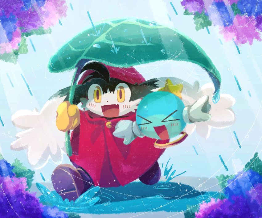 &gt;_&lt; 2boys blush furry furry_male gloves haippp highres huepow kaze_no_klonoa klonoa leaf multiple_boys open_mouth rain raincoat smile white_gloves yellow_eyes yellow_gloves