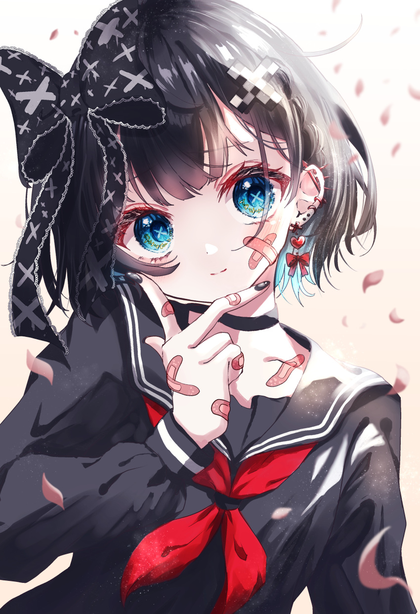 1girl absurdres black_bow black_hair black_nails black_serafuku bow cherry_blossoms commentary cross_print crossed_bandaids ear_piercing earrings gradient_background hair_bow hair_ornament heart heart_earrings highres jewelry kayon_(touzoku) long_sleeves neckerchief original piercing red_neckerchief school_uniform serafuku short_hair solo symbol-only_commentary symbol-shaped_pupils upper_body x-shaped_pupils x_hair_ornament yellow_background