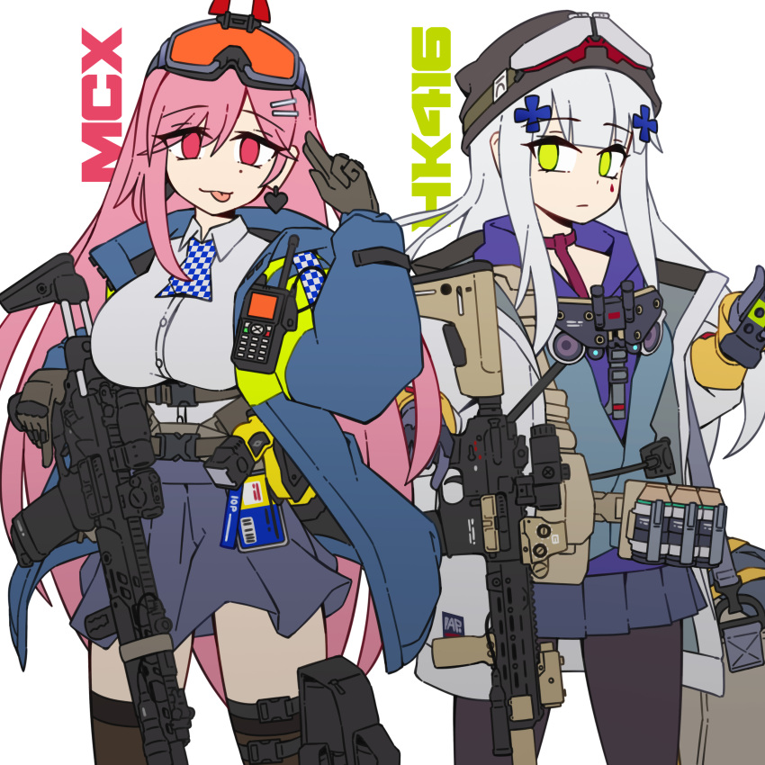 2girls absurdres assault_rifle beach black_headwear blue_jacket blue_skirt breasts brown_gloves brown_pantyhose brown_thighhighs character_name closed_mouth collared_shirt commentary dress_shirt earrings facial_mark girls_frontline gloves goggles goggles_on_head goggles_on_headwear green_eyes grey_gloves grey_hair grey_jacket grey_shirt gun h&amp;k_hk416 hair_between_eyes hair_ornament hairclip heart heart_earrings highres hk416_(girls'_frontline) holding holding_gun holding_weapon hood hood_down hoodie jacket jestami jewelry long_sleeves medium_breasts multiple_girls object_hug open_clothes open_jacket pantyhose pleated_skirt puffy_long_sleeves puffy_sleeves purple_hoodie red_eyes rifle shirt sig_mcx_(girls'_frontline) sig_sauer_mcx simple_background skirt thigh-highs weapon white_background