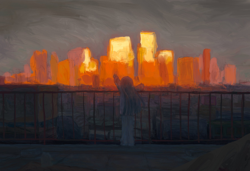 1girl absurdres arms_up billboard blunt_ends building city clouds cloudy_sky facing_away floating_hair from_behind highres limited_palette long_hair long_sleeves original outdoors outstretched_arms oyu pajamas railing rooftop shade sketch sky skyline skyscraper solo standing sunset