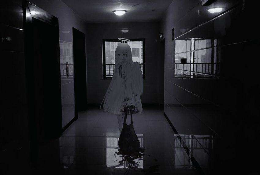 1girl angel angel_wings bag blood blood_on_clothes blood_on_face blood_trail ceiling_light choker collared_dress dress elevator frilled_sleeves frills full_body greyscale hair_ornament hallway halo highres holding holding_bag indoors jitome long_hair long_sleeves looking_at_viewer monochrome neck_ribbon original photo_background reflective_floor ribbon short_dress solo tile_floor tile_wall tiles very_long_hair window wings zi_qi_xiang