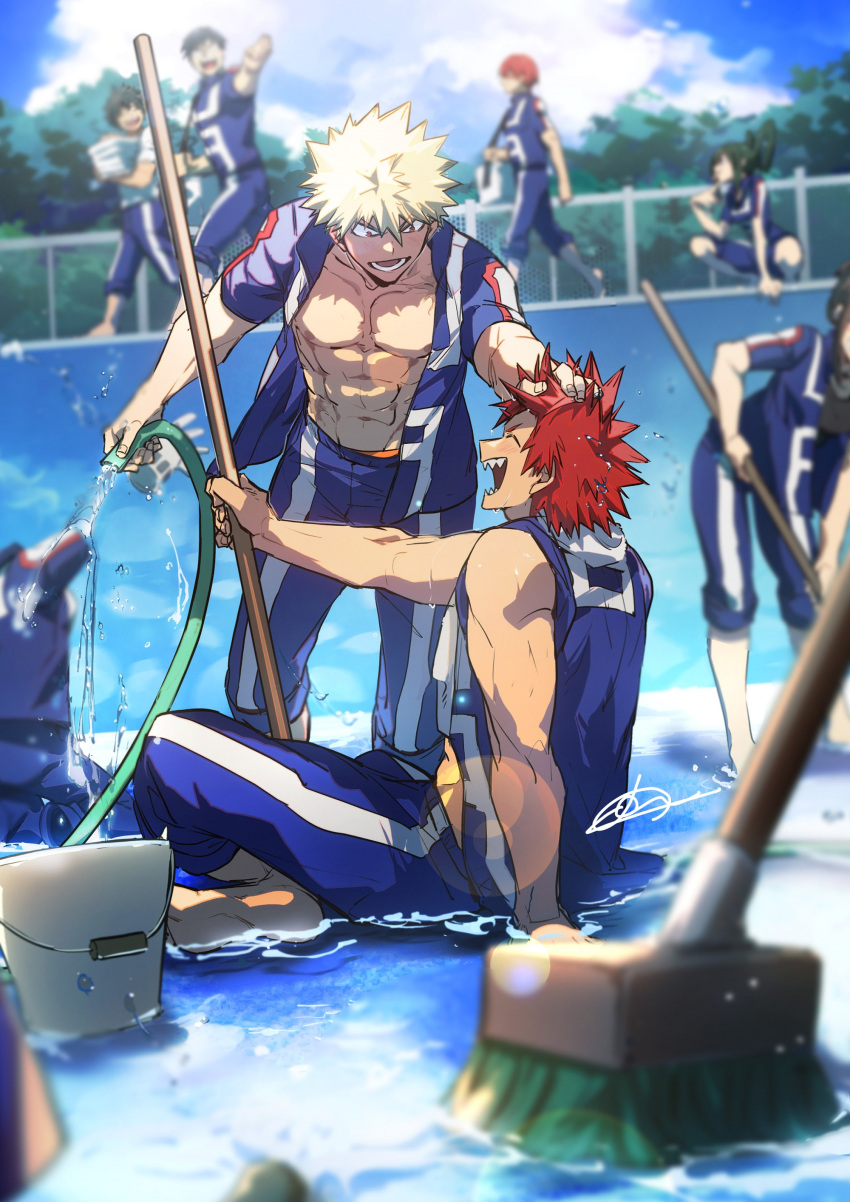 3girls 4boys ^_^ abs absurdres asui_tsuyu bag bakugou_katsuki bare_arms bare_pectorals bare_shoulders barefoot basket black_hair black_shirt blonde_hair blue_hair blue_sky blue_track_suit blurry blurry_background blurry_foreground blush boku_no_hero_academia bucket cleaning closed_eyes clouds cloudy_sky collarbone dark_blue_hair dark_green_hair day depth_of_field dutch_angle facing_another facing_to_the_side finger_to_own_chin fingernails full_body glasses green_hair hagakure_tooru hair_between_eyes hair_rings halftone hand_in_another's_hair hand_on_another's_head hand_on_ground hand_up hands_up happy highres holding holding_basket holding_hose holding_mop holding_strap hose iida_tenya invisible jacket kirishima_eijirou kneeling laundry_basket leaning_forward lens_flare looking_at_another looking_down lower_teeth_only midoriya_izuku mop multiple_boys multiple_girls nipples no-kan on_ground open_clothes open_jacket open_mouth outdoors outstretched_arm pants pants_rolled_up pectorals pool poolside profile railing red_eyes redhead sanpaku shadow sharp_teeth shirt short_eyebrows short_hair short_sleeves shoulder_bag signature sitting sky sleeves_rolled_up smile soft_focus spiky_hair squatting standing t-shirt teeth todoroki_shouto toned toned_male tongue tongue_out towel towel_around_neck track_jacket track_pants track_suit tree u.a._gym_uniform v-shaped_eyebrows wading walking water water_drop white_shirt white_towel yaoyorozu_momo