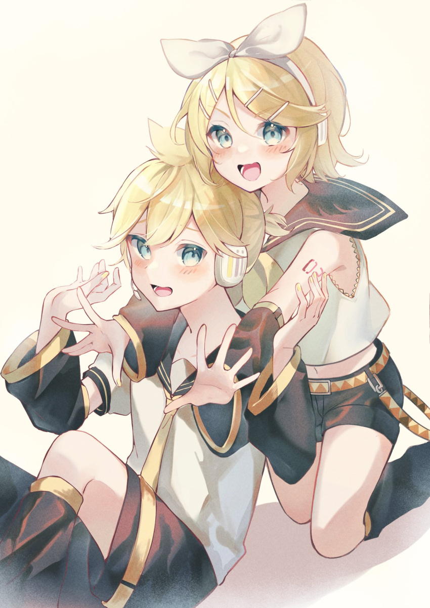 1boy 1girl :d aqua_eyes black_shorts blonde_hair brother_and_sister hair_ornament hairclip headphones headset highres kagamine_len kagamine_rin kneeling leg_warmers looking_at_viewer midriff murumuru_(pixiv51689952) navel necktie open_mouth short_ponytail shorts siblings sitting smile twins vocaloid yellow_nails yellow_necktie