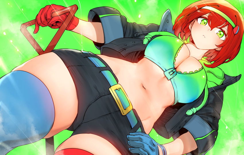 1girl absurdres ba bandeau belt black_shorts blue_gloves breasts closed_mouth from_below gloves green_eyes highres jacket large_breasts looking_at_viewer medium_hair midriff navel niwarhythm original red_gloves redhead shorts simple_background solo thigh-highs