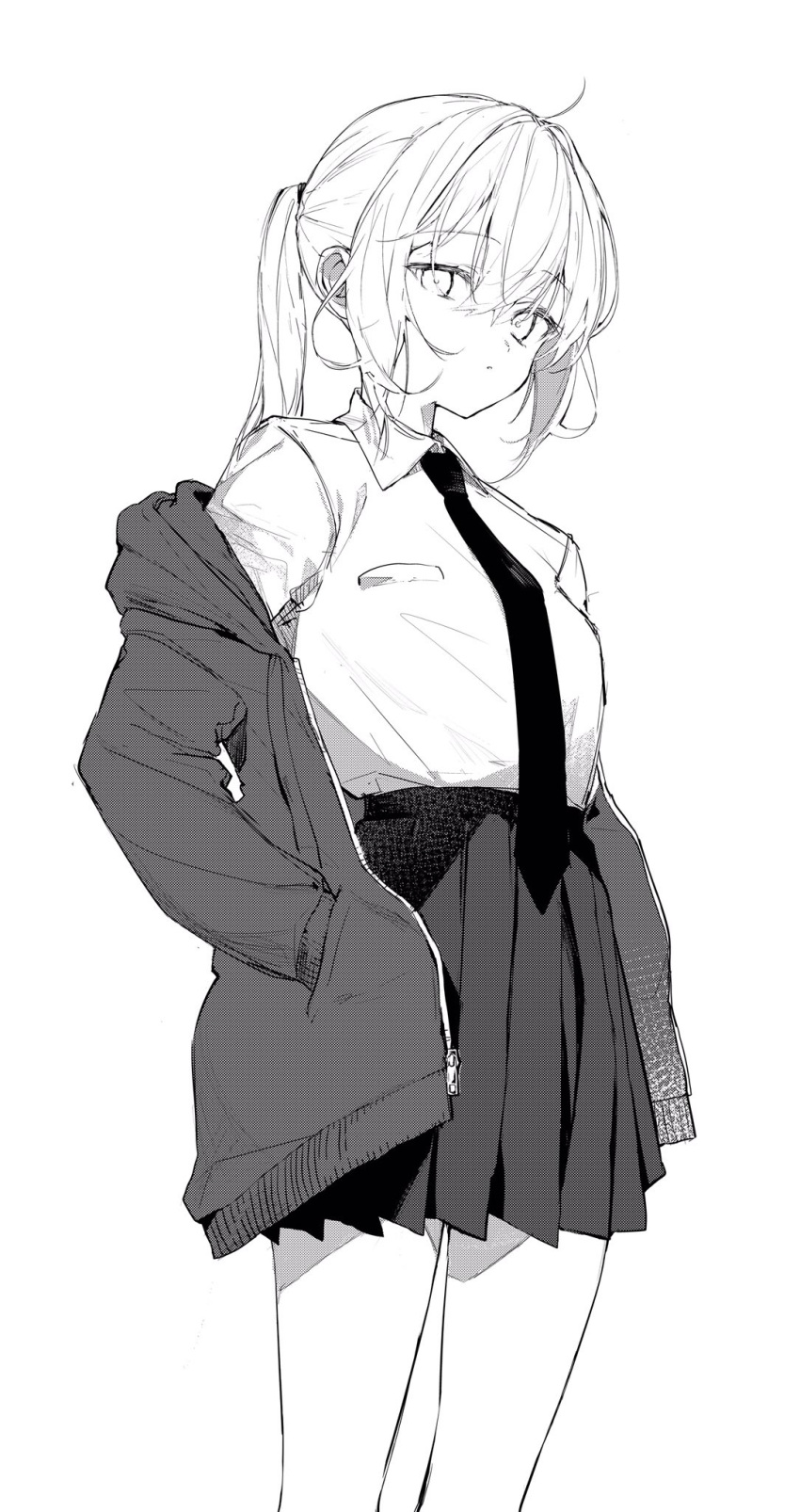 1girl collared_shirt expressionless feet_out_of_frame greyscale hair_between_eyes hands_in_pockets highres jacket jacket_partially_removed long_sleeves looking_at_viewer medium_hair monochrome necktie original ponytail shirt shirt_tucked_in simple_background skirt solo suashi