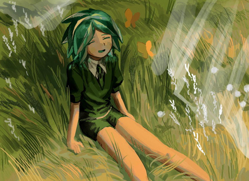 1other androgynous aqua_hair aqua_mouth arm_support black_necktie black_shorts bug butterfly closed_eyes collared_shirt crystal_hair dandelion day facing_up feet_out_of_frame flower from_above highres houseki_no_kuni necktie on_grass open_mouth outdoors phosphophyllite puffy_short_sleeves puffy_sleeves shirt short_hair short_shorts short_sleeves shorts sitting smile whale_daisuki white_flower