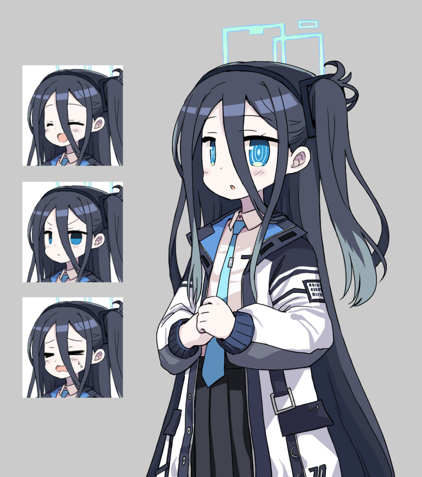 1girl :o aris_(blue_archive) black_hair black_hairband black_skirt blue_archive blue_eyes closed_eyes closed_mouth collared_shirt disgaea expressions grey_background hair_between_eyes hairband halo highres long_hair long_sleeves multiple_views necktie one_side_up open_clothes open_mouth own_hands_together parody parted_lips pleated_skirt sakaguchi_(x+1) shirt simple_background skirt style_parody sweat very_long_hair white_shirt
