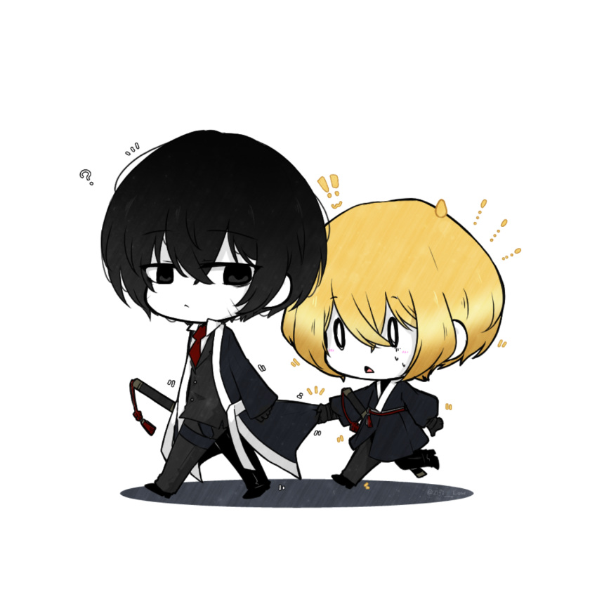 0_0 2boys :&lt; black_coat black_eyes black_gloves black_hair black_pants black_vest blonde_hair chibi closed_mouth coat collared_shirt colored_skin commentary crossed_bangs gloves highres leg_belt limbus_company long_sleeves male_focus multiple_boys n.i necktie no_nose notice_lines open_clothes open_coat open_mouth pants project_moon red_necktie running scar scar_on_cheek scar_on_face shirt short_hair sinclair_(limbus_company) sweat symbol-only_commentary vest walking white_shirt white_skin yi-sang_(limbus_company)