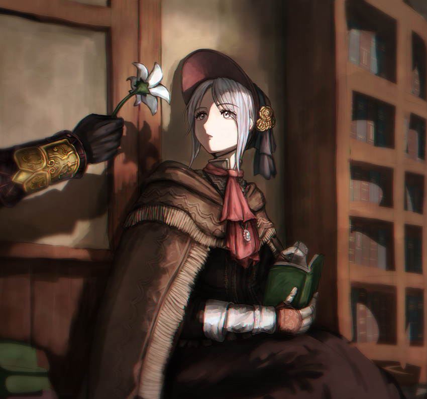 1girl 1other ambiguous_gender ascot black_gloves black_headwear bloodborne book brown_cloak brown_dress cloak commentary_request dress flower gloves grey_eyes grey_hair hat highres holding holding_book holding_flower indoors looking_at_another open_book out_of_frame parted_bangs plain_doll red_ascot sakusei_sanbou shadow short_hair white_flower