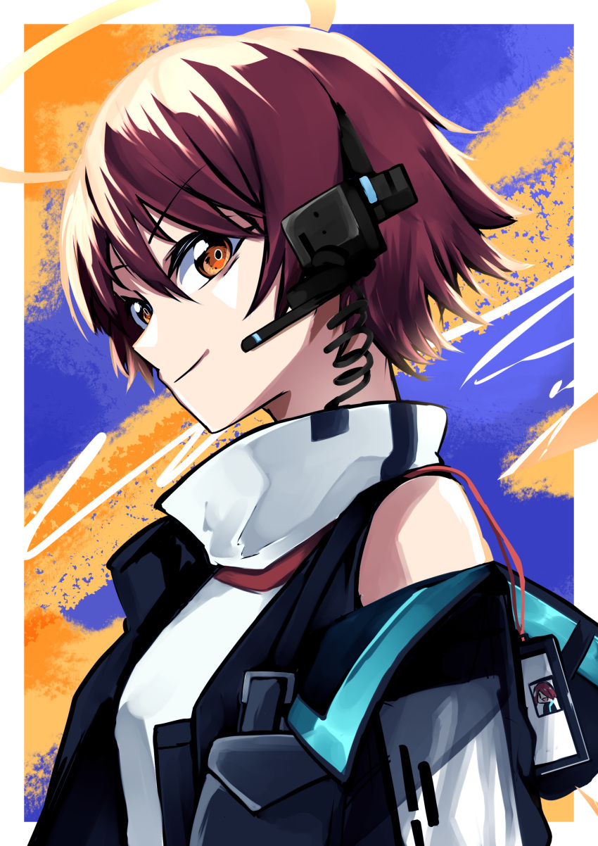 1girl absurdres arknights bare_shoulders black_vest blue_background brown_eyes commentary exusiai_(arknights) from_side halo headset highres hisuikouha jacket looking_at_viewer looking_to_the_side off-shoulder_jacket off_shoulder orange_background redhead short_hair smile solo turtleneck upper_body v-shaped_eyebrows vest wire