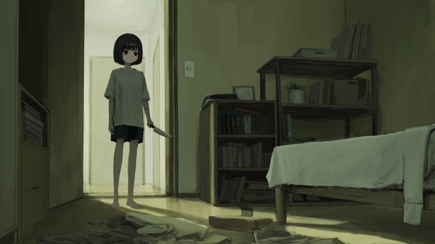 1girl bandaged_wrist bandages barefoot bed bedroom black_hair black_shorts bob_cut book bookshelf clothes_on_floor dark_room doorway drawer empty_eyes expressionless full_body highres holding holding_knife indoors knife looking_ahead messy_room open_door original red_eyes sakiika0513 shadow shirt short_hair short_sleeves shorts solo standing white_shirt wide_shot