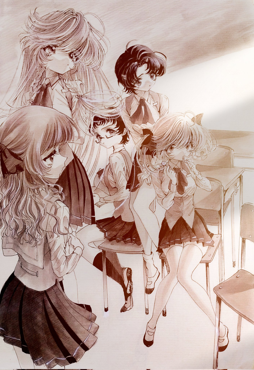 5girls aya_carmine braid candy chair collared_shirt commentary_request desk expressionless food full_body glasses graphite_(medium) greyscale hair_ornament hair_ribbon hairclip highres holding holding_candy holding_food holding_lollipop lollipop long_hair looking_at_viewer looking_to_the_side meguro_miyuki monochrome multiple_girls neck_ribbon pleated_skirt profile ribbon sayonara_wo_oshiete school_chair school_desk shirt shoes short_hair side_braids sitting skirt sugamo_mutsuki takada_nozomi tamachi_mahiru thigh-highs traditional_media twintails ueno_koyori underbust uwabaki vest wavy_hair zettai_ryouiki