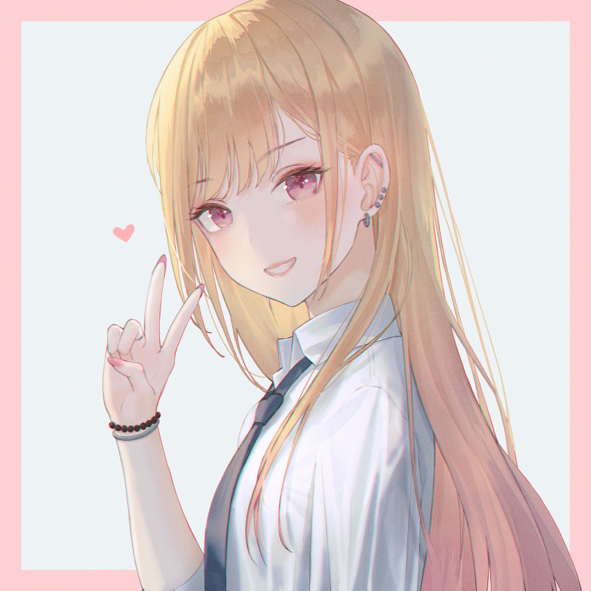 1girl blonde_hair blue_necktie bracelet collared_shirt earrings gradient_hair heart highres industrial_piercing jewelry kitagawa_marin long_hair looking_at_viewer multicolored_hair nail_polish necktie piercing pink_nails red_eyes redhead school_uniform shirt solo sono_bisque_doll_wa_koi_wo_suru v vennie white_shirt