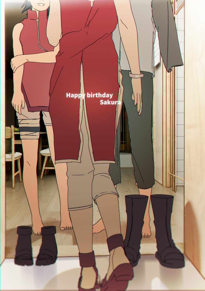 1boy 2girls absurdres amputee barefoot black_hair boruto:_naruto_next_generations bracelet chair commentary family father_and_daughter happy_birthday haruno_sakura head_out_of_frame highres husband_and_wife jewelry medium_hair mother_and_daughter multiple_girls naruto_(series) niku_(ni23ku) shoes shoes_removed smile uchiha_sarada uchiha_sasuke