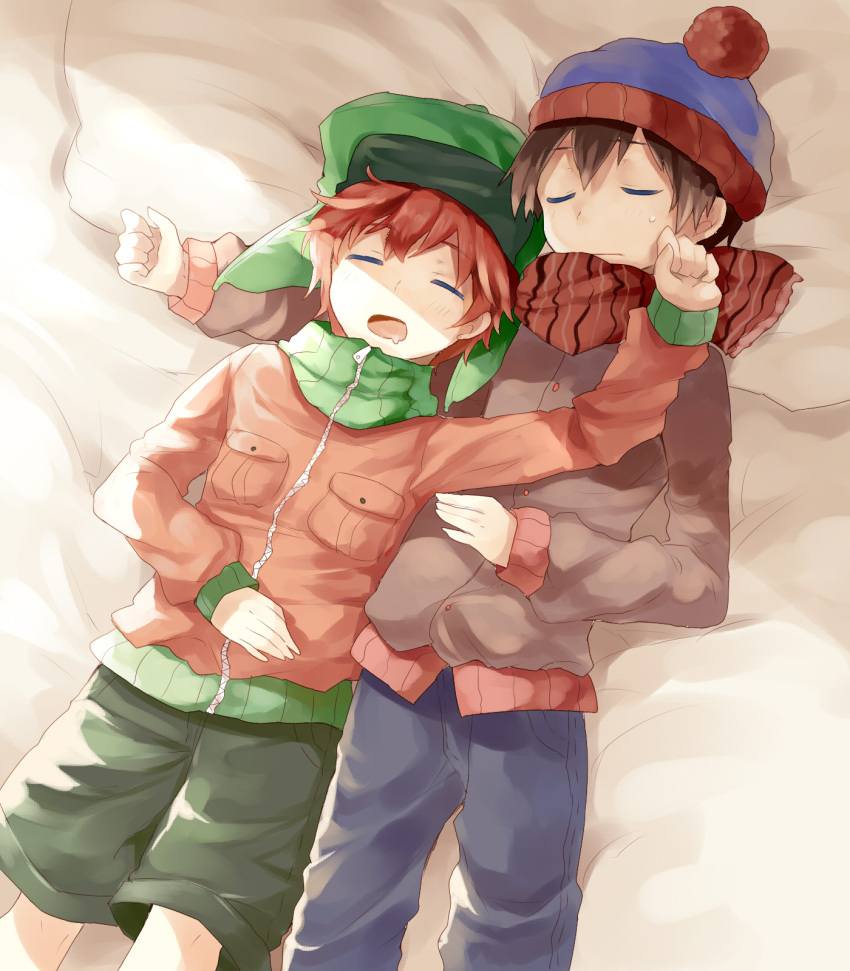 2boys animification beanie black_hair closed_eyes coat commentary_request couple denim from_above green_scarf green_shorts hand_on_another's_cheek hand_on_another's_face hat highres implied_yaoi jacket jeans kinakomotitaberu kyle_broflovski long_sleeves lying male_child male_focus multiple_boys on_back on_bed open_mouth pants pillow red_scarf redhead scarf short_hair shorts south_park stan_marsh