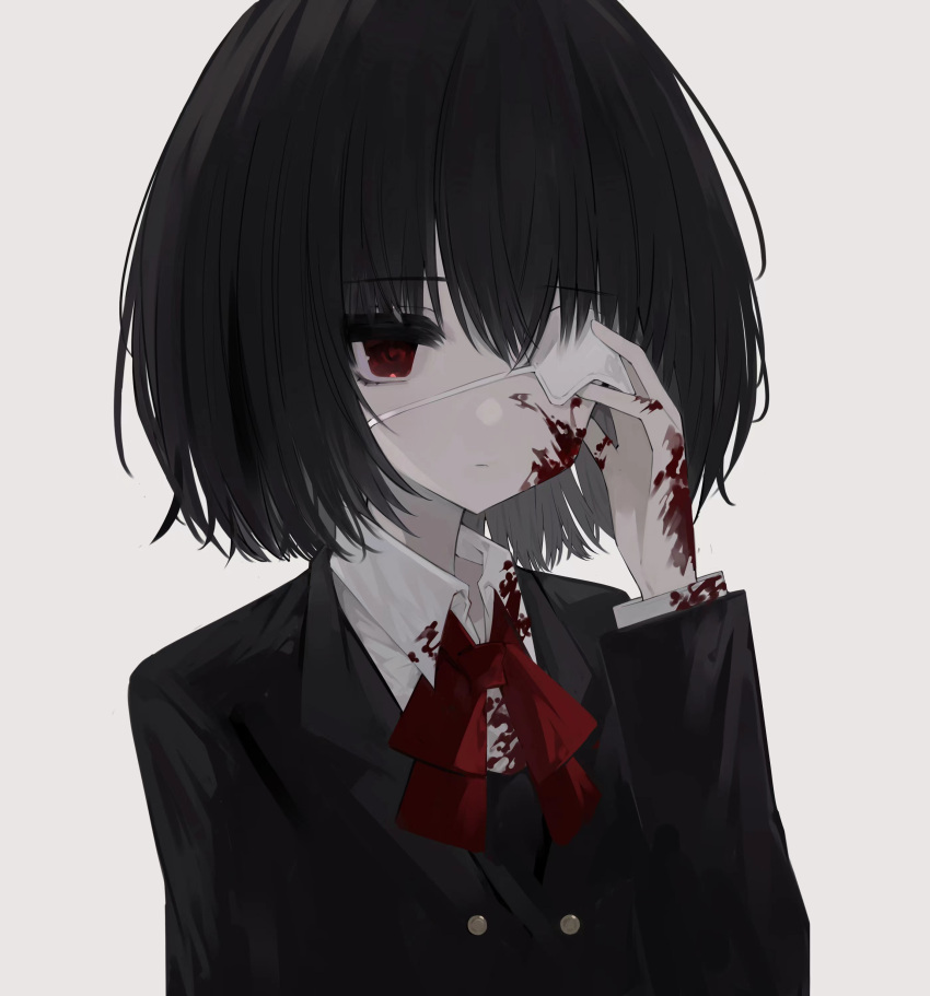 1girl absurdres another black_hair black_jacket blazer blood blood_on_clothes blood_on_face blood_on_hands bob_cut buttons closed_mouth collared_shirt crossed_bangs english_commentary expressionless eyepatch eyepatch_lift half-closed_eyes hand_on_own_face highres jacket medical_eyepatch misaki_mei neck_ribbon red_eyes red_ribbon ribbon school_uniform shirt short_hair solo upper_body white_shirt yomiyama_north_junior_high_school_uniform zi_qi_xiang