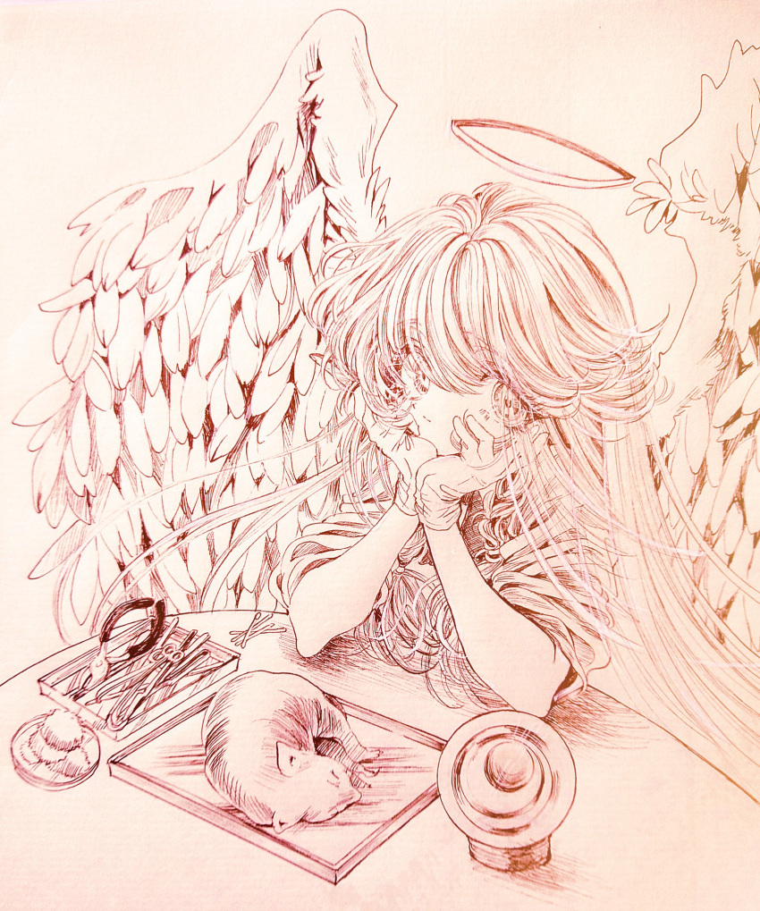 1girl angel angel_wings aya_carmine braid cat commentary_request feathered_wings feathers graphite_(medium) greyscale halo head_rest highres holding holding_feather long_hair looking_at_viewer monochrome sayonara_wo_oshiete scalpel side_braids sitting solo sugamo_mutsuki surgical_scissors table traditional_media wings