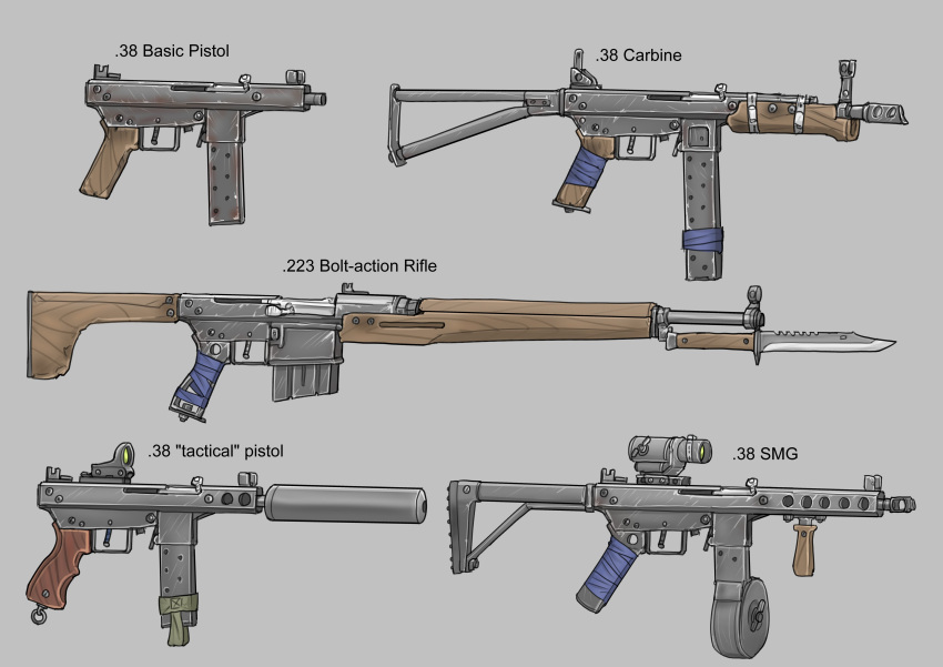 absurdres bayonet english_commentary fallout_(series) fallout_4 grey_background gun handgun highres knife no_humans redesign scope srtdrawart submachine_gun suppressor weapon weapon_focus