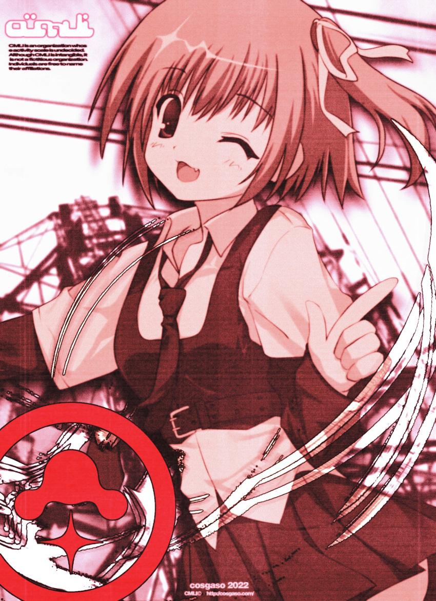 1girl 2000s_(style) 2022 :d artist_name belt collared_shirt cosgaso cowboy_shot fang hair_ribbon highres layered_shirt light_blush looking_at_viewer necktie one_eye_closed one_side_up original red_theme ribbon shirt short_hair skirt smile solo
