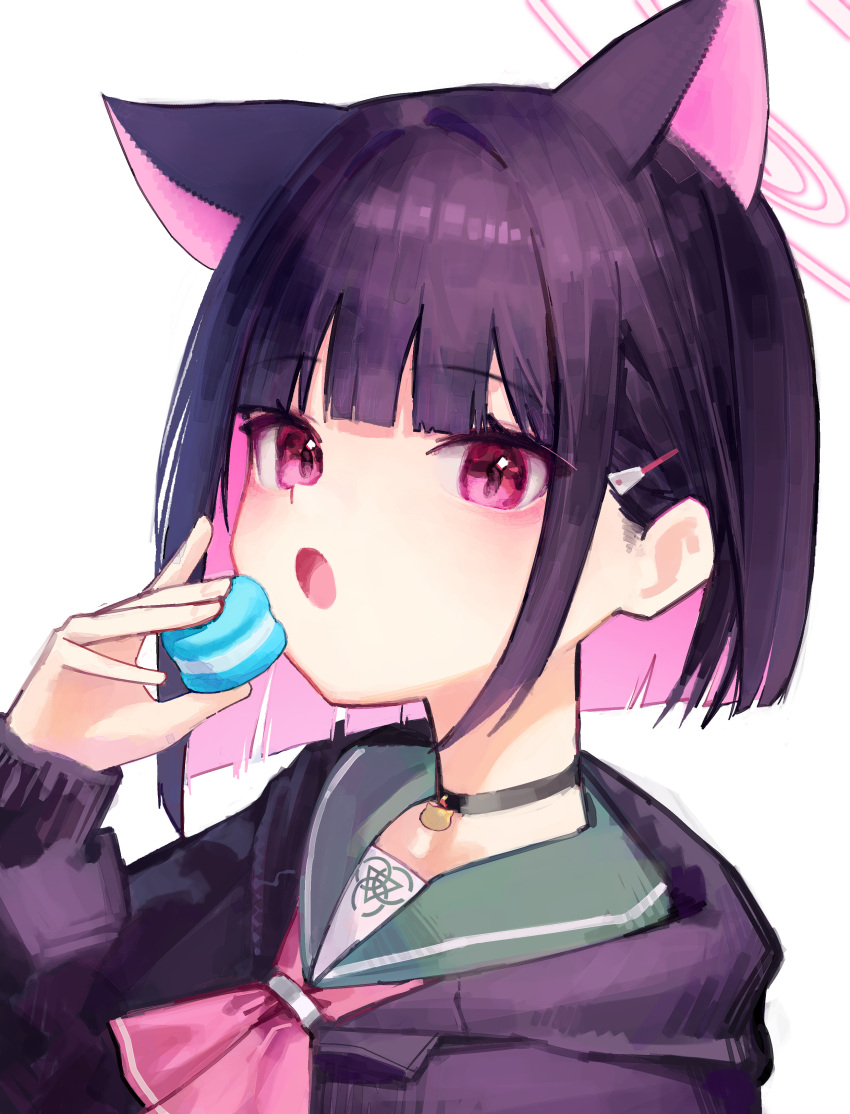 1girl :o absurdres animal_ears black_cardigan black_hair blue_archive blunt_bangs cardigan cat_ears colored_inner_hair food green_sailor_collar halo highres holding holding_food kazusa_(blue_archive) long_sleeves looking_at_viewer macaron multicolored_hair neckerchief open_mouth pink_eyes pink_hair portrait red_neckerchief sailor_collar school_uniform serafuku short_hair sidelocks simple_background solo two-tone_hair white_background yoon_cook