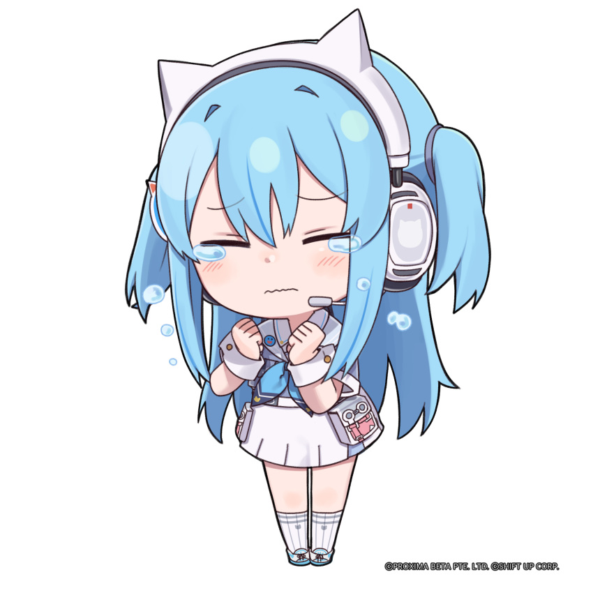 1girl animal_print blue_hair blue_neckerchief blush_stickers cat_print chibi closed_eyes closed_mouth crying earphones flying_teardrops full_body goddess_of_victory:_nikke hair_between_eyes hair_intakes hands_up headset highres long_hair neckerchief official_art pouch shifty_(nikke) short_sleeves simple_background skirt socks solo standing tears thighs totatokeke two_side_up very_long_hair wavy_mouth white_background white_skirt white_socks wrist_cuffs