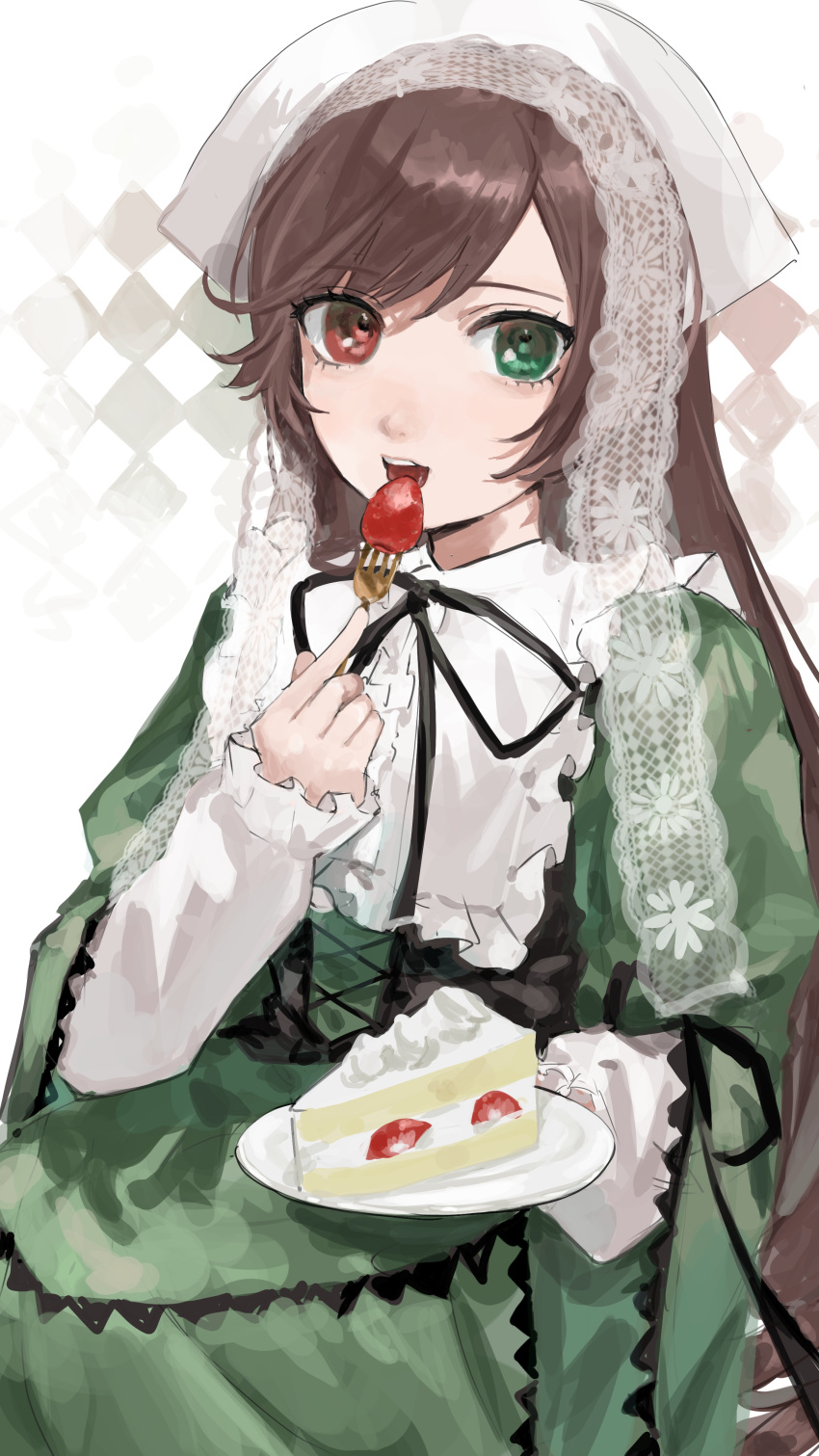 1girl absurdres black_corset black_ribbon blush brown_hair cake collared_dress commentary_request corset cowboy_shot dress eating food fork frilled_dress frilled_shirt_collar frilled_sleeves frills fruit green_dress green_eyes head_scarf heterochromia highres holding holding_fork holding_plate kani_samurai lace lolita_fashion long_hair long_sleeves looking_at_viewer medium_bangs neck_ribbon open_mouth plate red_eyes ribbon rozen_maiden solo strawberry strawberry_shortcake suiseiseki very_long_hair white_headwear