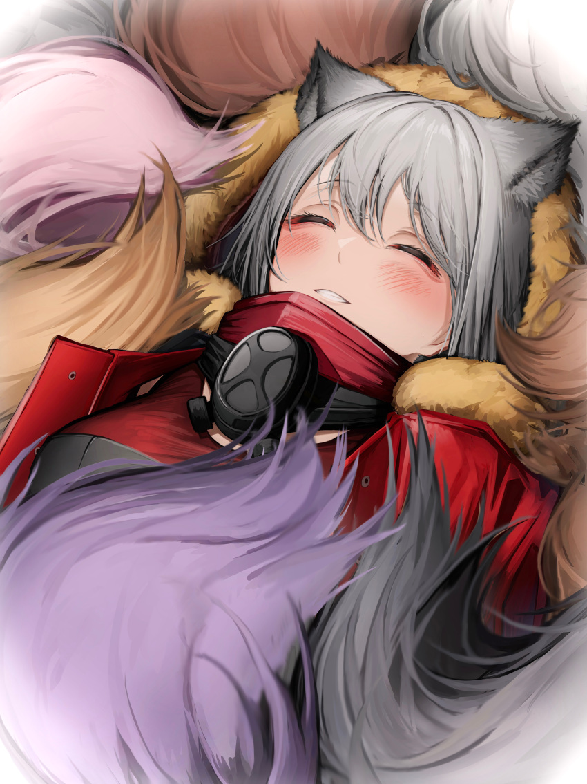 1girl ^_^ absurdres animal_ears arknights blush closed_eyes grey_hair highres lying multiple_tails on_back projekt_red_(arknights) smile tab_head tail