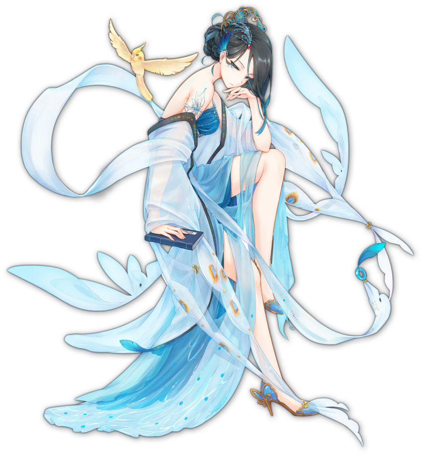 1girl artist_request bird black_hair blue_dress blue_eyes blue_hair book cockatiel dress expressionless full_body hair_ornament highres holding holding_book mahjong_soul multicolored_hair official_art qing_luan skinny solo transparent_background