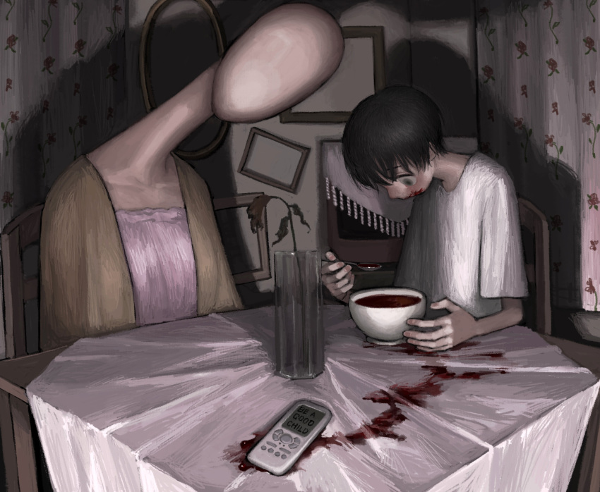 1boy 1girl absurdres bald black_eyes black_hair blood blood_on_face blood_trail blouse bowl curtains dining_room dress empty_picture_frame english_commentary english_text faceless faceless_female facing_another facing_down floral_print food highres holding holding_spoon horror_(theme) indoors looking_at_food monster off-shoulder_dress off_shoulder on_chair original pda picture_frame purple_dress shadow shirt short_hair sitting soup spoon table tablecloth television vase white_shirt wide-eyed wilted_flower yakito_lulu