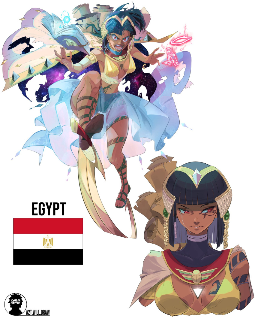 1girl a2t_will_draw ankh artist_name black_hair book breasts brown_footwear clothing_request egyptian egyptian_clothes egyptian_flag gladiator_sandals highres hime_cut hole_in_chest hole_on_body humanization medium_hair multiple_views original red_eyes sandals scroll shoe_soles solo space tears toes white_background