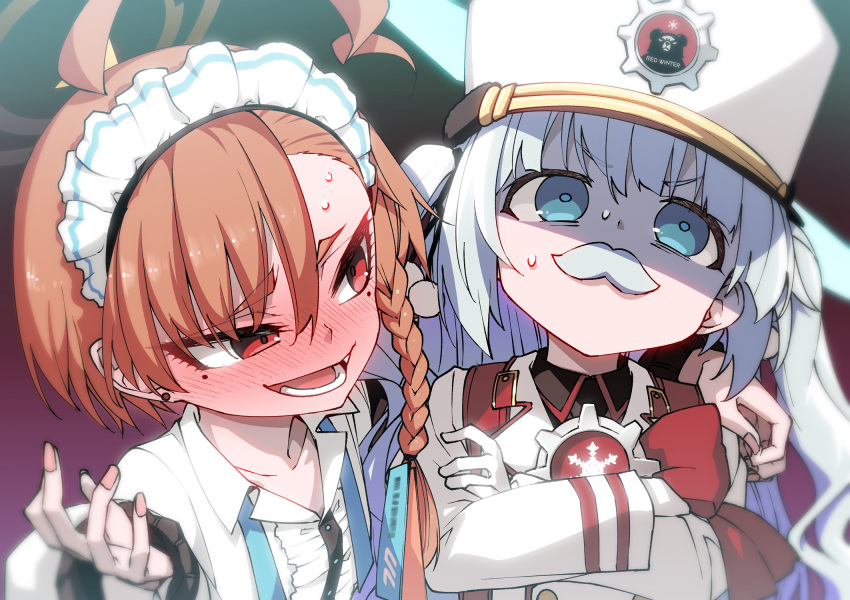 2girls ahoge blue_archive blue_eyes blush cherino_(blue_archive) crossed_arms facial_hair hair_between_eyes hand_on_another's_shoulder hat highres hitotose_rin long_sleeves looking_at_another maid_headdress mole mole_under_eye multiple_girls mustache neru_(blue_archive) nose_blush open_mouth orange_hair red_eyes revision smile white_hair