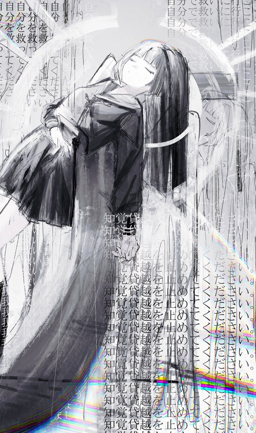 1girl afterimage akano_(nonno_12) blunt_ends chromatic_aberration closed_eyes commentary_request dot_mouth feet_out_of_frame floating greyscale hand_on_own_stomach highres hime_cut kneehighs leaning_back leaning_on_object long_hair long_sleeves lyrics midriff monochrome neckerchief pleated_skirt school_uniform serafuku sketch skirt socks solo spot_color translation_request vocaloid