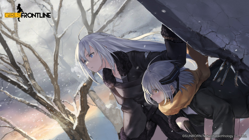 2girls ahoge april_fools bare_tree blue_eyes character_request codename:_bakery_girl copyright_name girls_frontline gun highres holding holding_gun holding_weapon jefuty_(bakery_girl) long_hair multiple_girls official_art reverse_collapse_(series) short_hair snowing sunrise tree weapon white_hair winter_clothes yellow_eyes