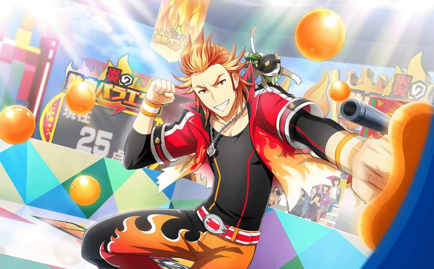 1boy akai_suzaku belt cat crowd fingernails flame_print highres idolmaster idolmaster_side-m idolmaster_side-m_live_on_stage! jewelry layered_sleeves long_sleeves male_focus multicolored_hair necklace nyako_(idolmaster) official_art orange_hair pants redhead short_over_long_sleeves short_sleeves smile streaked_hair wristband