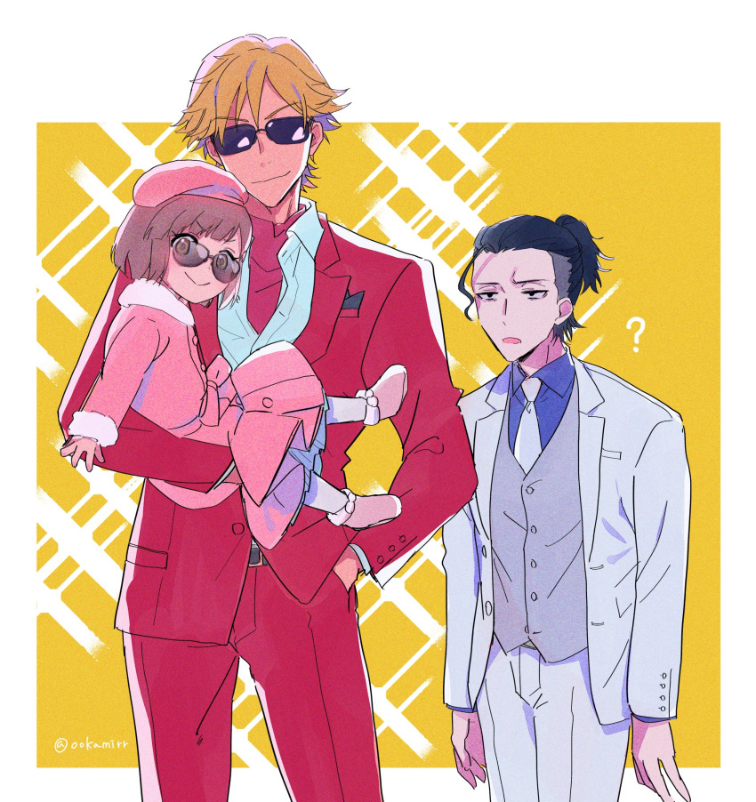 1girl 2boys ? black_hair brown_hair buddy_daddies carrying child child_carry coat collared_shirt father_and_daughter formal fur_trim hair_between_eyes hand_in_pocket highres holding kurusu_kazuki light_brown_hair multiple_boys necktie ookamirr open_clothes pink_coat pink_headwear red_suit shirt short_hair simple_background smile sparkle sparkle_background suit sunglasses suwa_rei twitter_username two-tone_background unasaka_miri undercut white_background white_suit yellow_background
