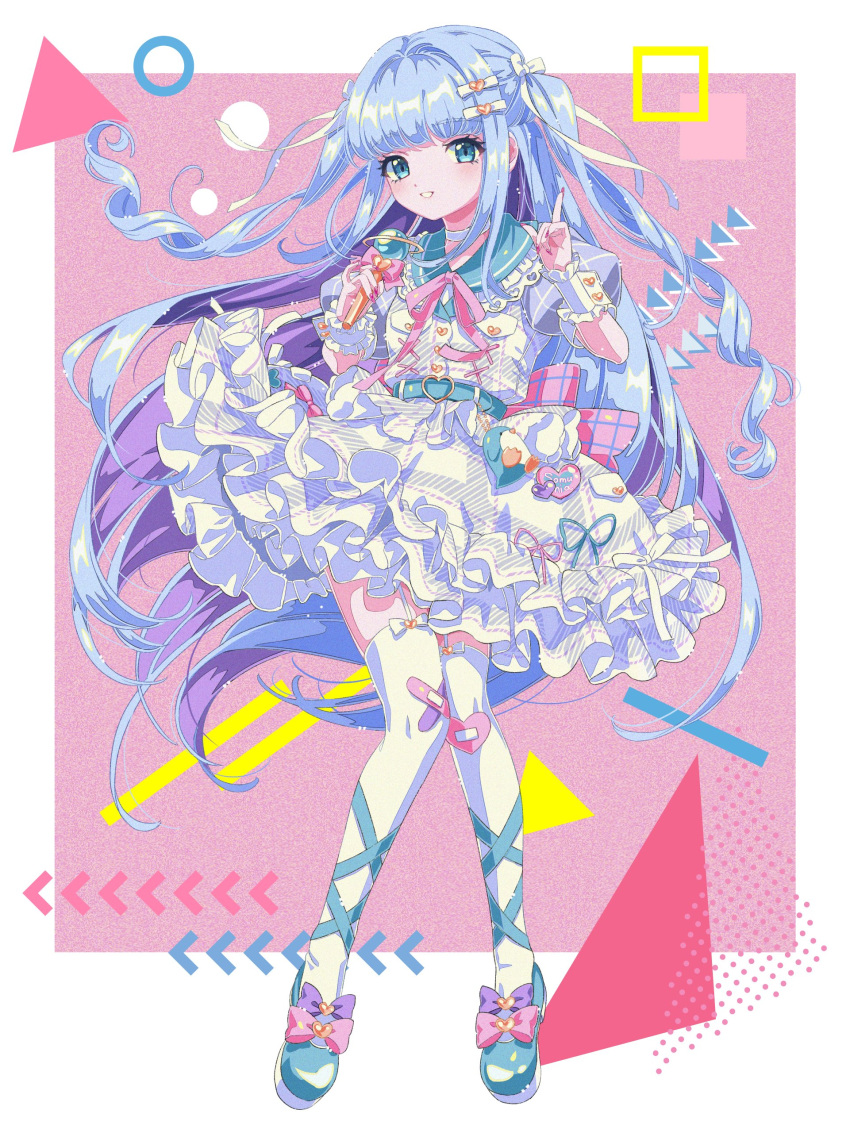 1girl absurdres april_fools bandaid bandaid_on_knee bandaid_on_leg belt blue_belt blue_eyes blue_hair blunt_bangs blush bow dress frilled_dress frills full_body hair_bow hair_ornament highres holding holding_microphone idol kisumi_rei long_hair looking_at_viewer microphone official_alternate_costume official_art open_mouth pink_ribbon plaid plaid_dress puffy_short_sleeves puffy_sleeves ribbon shoes short_sleeves sidelocks smile solo somunia somunia_room standing thigh-highs very_long_hair virtual_youtuber white_dress white_thighhighs wrist_cuffs