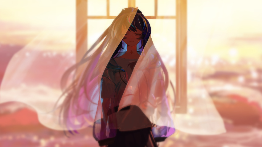 1girl absurdres blue_hair closed_eyes closed_mouth curtains highres hood hoodie indie_virtual_youtuber light_purple_hair long_hair looking_at_viewer mixed-language_commentary multicolored_hair nana_asteria open_clothes open_hoodie pleated_skirt see-through see-through_sleeves shirt skirt smile solo swept_bangs ubwmitekure virtual_youtuber white_shirt